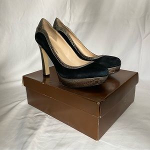 Audrey Brooke Berry 2 Black Silver Snake Print Platform Leather Heels Size 8